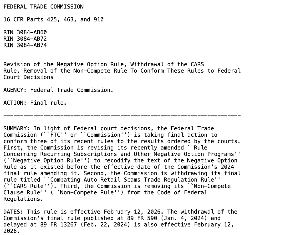 Opening page of the Federal Trade Commission final rule published in the Federal Register on 12 February 2026, titled Revision of the Negative Option Rule, Withdrawal of the CARS Rule, Removal of the Non-Compete Rule To Conform These Rules to Federal Court Decisions, showing the summary and an effective date of February 12, 2026