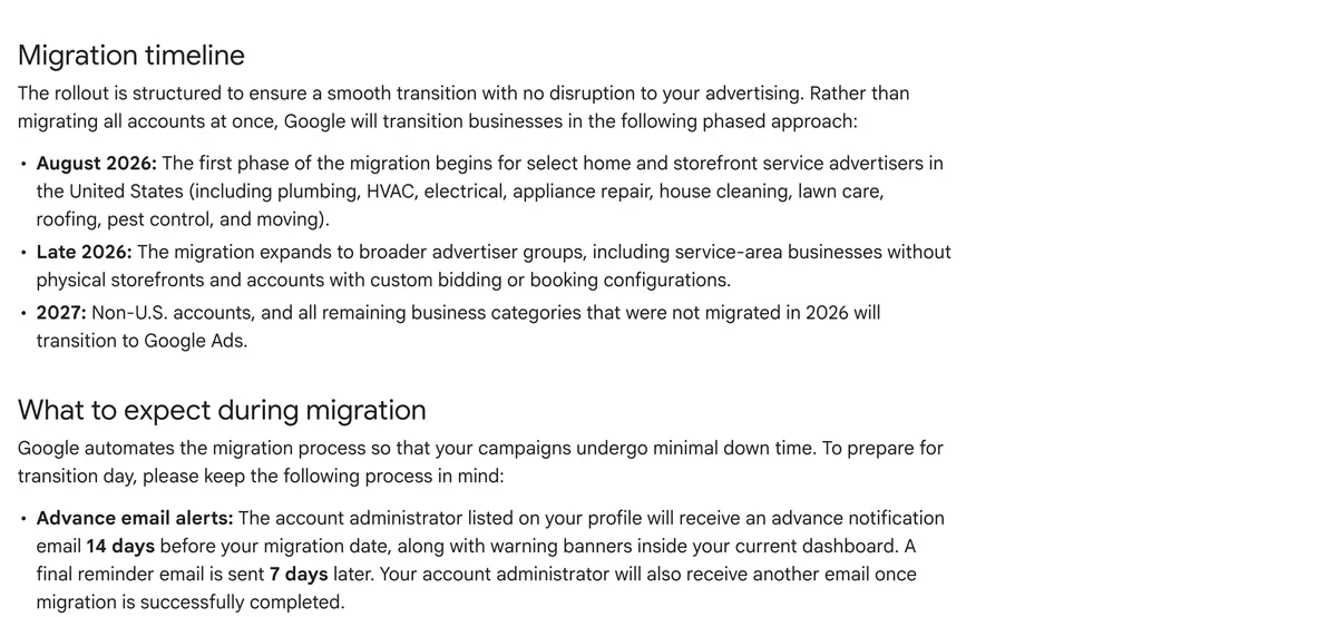 Google Ads help page showing the migration timeline for Local Services Ads moving to Performance Max, with the first phase in August 2026 for United States home service advertisers including HVAC, broader groups in late 2026 and remaining accounts in 2027, followed by the note that administrators get an advance email 14 days before migration