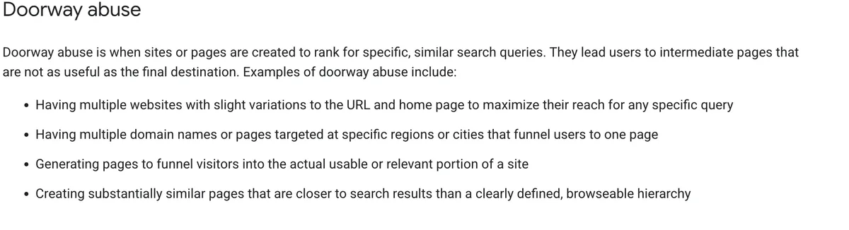 Google Search Central page defining doorway abuse, listing examples including having multiple domain names or pages targeted at specific regions or cities that funnel users to one page